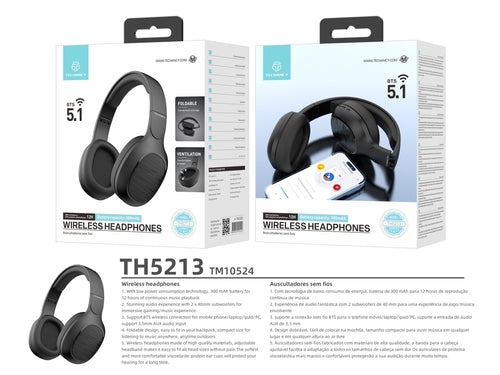 Techancy Auscultadores Sem Fios TH5213, Reprodução De Música 12h,